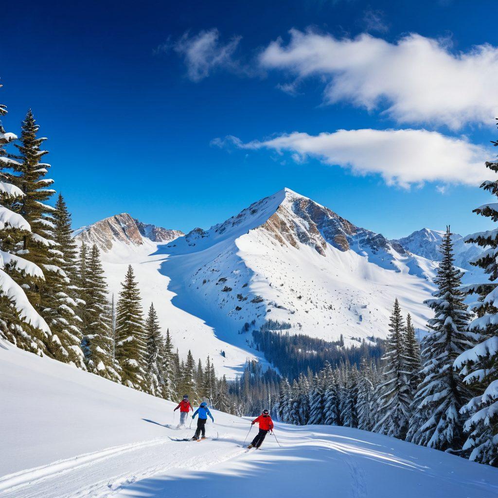 A breathtaking winter landscape showcasing a snowy mountain range with vibrant blue skies. In the foreground, skiers of diverse backgrounds joyfully glide down powdery slopes, creating dynamic trails. Incorporate playful snowflakes falling around them, with pine trees adorned in fresh snow surrounding the scene. The overall atmosphere should evoke feelings of adventure, freedom, and joy. super-realistic. vibrant colors. white background.
