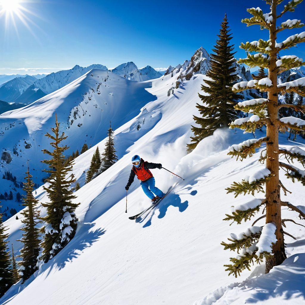 A breathtaking winter landscape filled with snow-covered mountains, where thrill-seekers are skiing down steep slopes, joyfully laughing and having fun. Add colorful ski gear to the adventurers, while capturing the exhilarating motion and excitement of their descent. Include pine trees dusted with snow in the foreground and a bright blue sky overhead. The scene should evoke a sense of adventure and enjoyment. super-realistic. vibrant colors. high contrast.